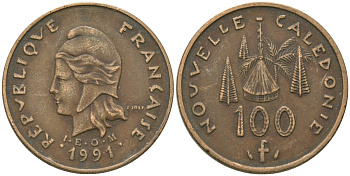 Французская Новая Каледония 100 франков 1991 хижина среди сосен и пальм, (IEOM) KM 15, Schoen 16, Lec 136 никель бронза 88-724