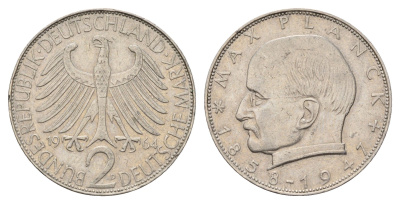 ФРГ 2 марки 1964 D, Макс Планк KM 116, J. 392 медно-никель 94-537