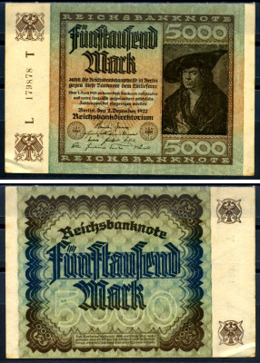 Германия 5000 марок 1922 2 декабря 1922, водяной знак E, серия T, буква L Pick 81 a бумага 8589-12-1-2