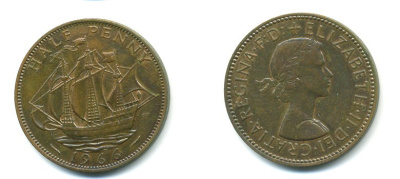 Великобритания 1/2 пенни 1966 Елизавета II (1952-2022) KM 896, Spink 4158 бронза 3999-127