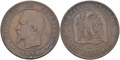 ФРАНЦИЯ 10 САНТИМОВ 1854 D, НАПОЛЕОН III (1852-1870) KM 771.4, LE FRANC 133.14 бронза 38-944