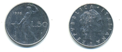 Италия 50 лир 1976 R, бог Вулкан у наковальни KM 95.1 нержавеющая сталь 80-1242