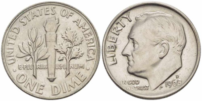 США 10 ЦЕНТОВ = 1 ДАЙМ 1968 D, РУЗВЕЛЬТ KM 195а медь плакированная медно-никелем 105-656