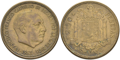 Испания 2,5 песеты 1953 (55) Франциско Франко (1939-1975) KM 785 алюминиевая бронза 4610-844
