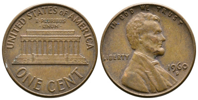 США 1 цент 1960 D, Линкольн, LARGE DATE KM 201 медь цинк 93-1221