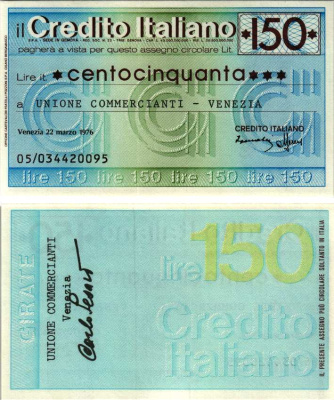 Италия чек на 150 лир 1976 22 марта 1976, credito Italiano бумага UNC (пресс) 7204-59-1-1