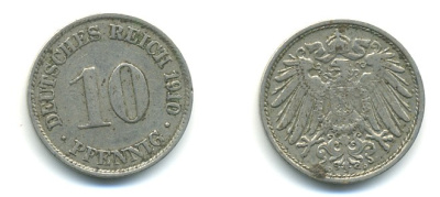 ГЕРМАНИЯ 10 ПФЕННИГОВ 1910 D KM 12, J. 13 медно-никель 4379-851