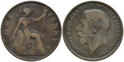 Великобритания 1 пенни 1916 Георг V (1910-1936) KM 810, Spink 4051 бронза 32-834