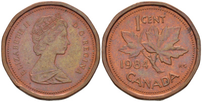 КАНАДА 1 ЦЕНТ 1984 КЛЕНОВЫЙ ЛИСТ, ЕЛИЗАВЕТА II KM 132 бронза 54-1067