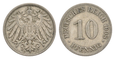 Германия 10 пфеннигов 1908 D, Вильгельм II (1888-1918) KM 12, J. 13 медно-никель 4640-314