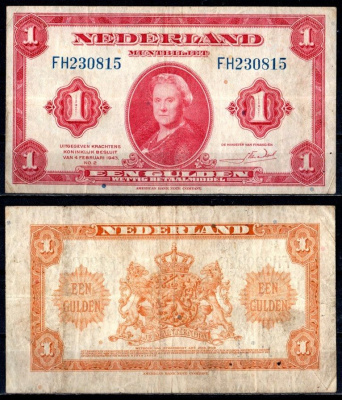 Нидерланды 1 гульден 1943 Pick 64 a бумага 7457-12-3-1