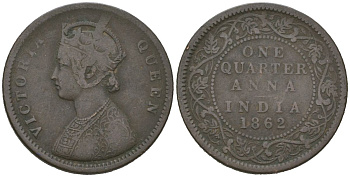 Британская Индия 1/4 анны 1862 Виктория (1837-1901) KM 467 медь 98-1233
