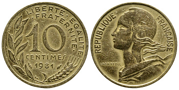 ФРАНЦИЯ 10 САНТИМОВ 1981 ТИП MARIANNE KM 929 медь алюминий никель 93-1321