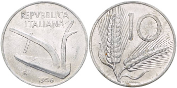 ИТАЛИЯ 10 ЛИР 1956 R, КОЛОСЬЯ, ПЛУГ, РЕДКИЙ ГОД KM 93 алюминий 4551-156