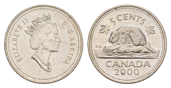 Канада 5 центов 2000 Елизавета II (1952-2022), бобр KM 182 медно-никель 4630-749