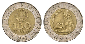 Португалия 100 эскудо 1992 Педру Нуниш (1502-1578), математик KM 645 биметалл 4390-921
