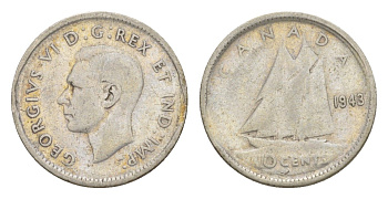 Канада 10 центов 1943 Георг VI (1936-1952), парусник KM 34 серебро 4639-544