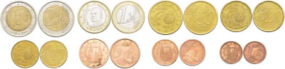 Испания евронабор из 8 монет 1999 1, 2, 5, 10, 20, 50 евроцентов, 1 и 2 евро KM 1040, 1041, 1042, 1043, 1044, 1045, 1046, 1047 биметалл N4-56
