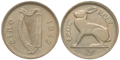 Ирландия 3 пенса 1942 заяц KM 12a медно-никель 3334-1117