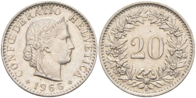 ШВЕЙЦАРИЯ 20 РАППЕНОВ 1966 В KM 29a медно-никель 55-843
