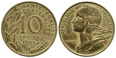 ФРАНЦИЯ 10 САНТИМОВ 1981 ТИП MARIANNE KM 929 медь алюминий никель 93-1321