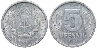 ГДР 5 ПФЕННИГОВ 1983 A КМ 9.2 алюминий 62-447