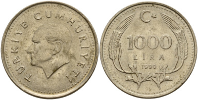 Турция 1000 лир 1990 Кемаль Ататюрк KM 997 медь цинк никель 4156-833