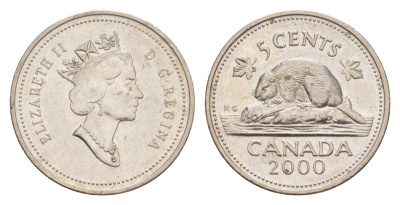 Канада 5 центов 2000 Елизавета II (1952-2022), бобр KM 182 медно-никель 4630-749