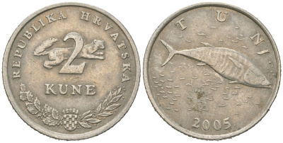 Хорватия 2 куна 2005 тунец, легенда на хорватском KM 10 медь цинк никель 4448-1252