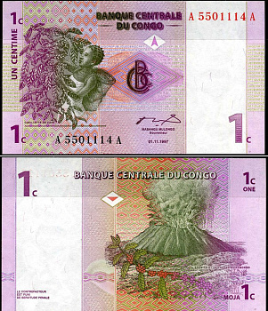 ДР Конго 1 сантим 1997 вулкан, сбор кофе Pick 80 a бумага UNC (пресс) 7183-12-2-1