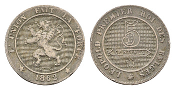 Бельгия 5 сантимов 1862 Леопольд I (1831-1865) KM 21 медно-никель 4151-568