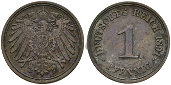 Германия 1 пфенниг 1891 A, Вильгельм II (1888-1918) KM 10, J. 10 медь 4547-1214