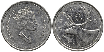 Канада 25 центов 1994 олень, Елизавета II (1952-) KM 184 никель 4577-845
