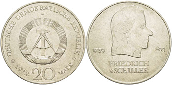 ГДР 20 марок 1972 А, Фридрих Шиллер (1759-1805) KM 40 медно-никель 4521-626
