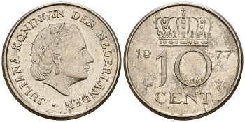 Нидерланды 10 центов 1977 Юлиана (1949-1980) KM 182 никель    4598-333