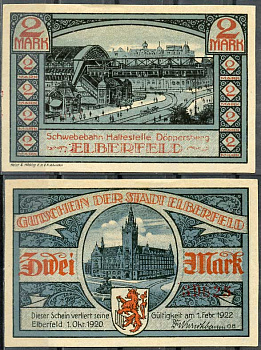 Германия, Эльберфельд 2 марки 1922 нотгельд, городские виды, голубая Mehl 324.1 бумага UNC (пресс) 00-00