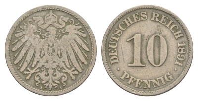 Германия 10 пфеннигов 1891 A, Вильгельм II (1888-1918) KM 12, J. 13 медно-никель 4647-868