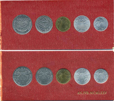 Ватикан набор из 5 монет 1975 5, 10, 20, 50, 100 лир, в картоне KM MSA80 (KM 126-130) UNC 5-4-3-14