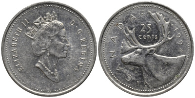 Канада 25 центов 1994 олень, Елизавета II (1952-) KM 184 никель 4577-845