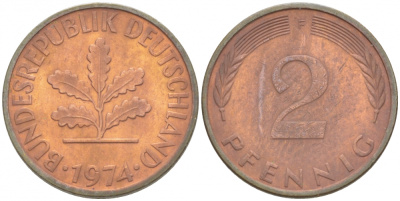 ФРГ 2 ПФЕННИГА 1974 F KM 106a, J.381a сталь плакированная сталь плакированная медьюю 3996-1112