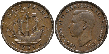 Великобритания 1/2 пенни 1939 Георг VI (1936-1952) KM 844, Spink 4115 бронза 57-1316