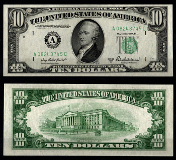 США 10 долларов 1950 Александр Гамильтон. Министерство финансов Соединенных Штатов, Вашингтон, округ Колумбия Pick 439 b, Fr. 2012-A бумага UNC (пресс) 451-1277-3