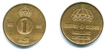 Швеция 1 эре 1958 T;S, Густав VI Адольф (1950-1973) KM 820 бронза 23-952