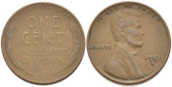 США 1 ЦЕНТ 1951 D, ЛИНКОЛЬН KM А132 медь цинк 218-237