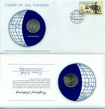 Чехословакия 2 кроны 1974 конверт с маркой первого дня гашения, Coins of Nations KM 75 медно-никель UNC 4294-49-2