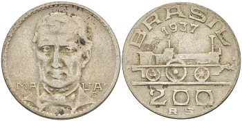 БРАЗИЛИЯ 200 РЕЙС 1937 БРАЗИЛЬСКИЙ ПРОМЫШЛЕННИК, СТРОИТЕЛЬ ПЕРВОЙ ЖЕЛЕЗНОЙ ДОРОГИ ВИКОНТ ди МАУА (1813-1889), ПАРОВОЗ KM 537 медно-никель 4529-557