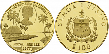 Самоа 100 тала 1977 25 лет правления Елизаветы II KM 25 золото PROOF 00-000-00