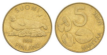 Финляндия 5 марок 1996 KM 73 алюминиевая бронза 4648-634