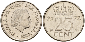 Нидерланды 25 центов 1972 Юлиана (1948-1980) KM 183 никель    4598-463