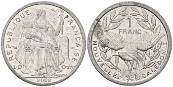 Французская Новая Каледония 1 франк 2008 птица кагу, (IEOM) KM 10, Schoen 10 алюминий 55-634